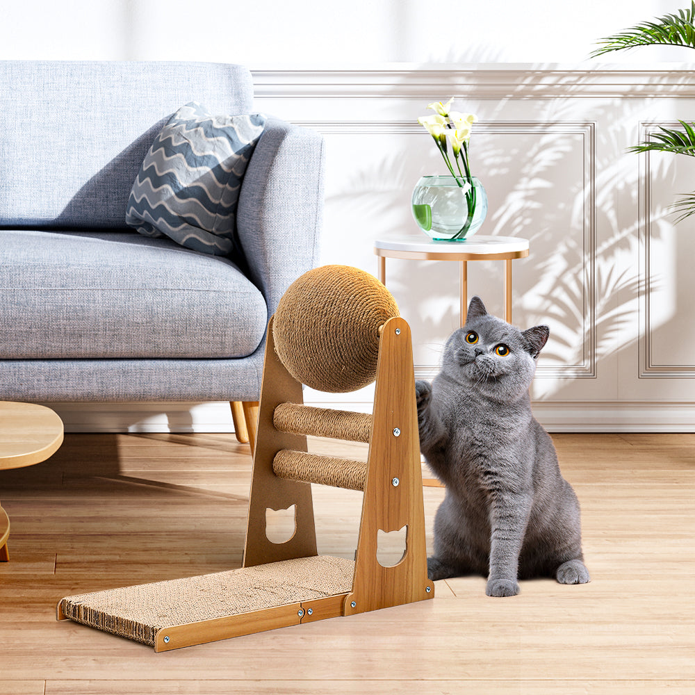 L-Shaped Cat Scratcher with Interactive Sisal Ball for Indoor Play and Climbing