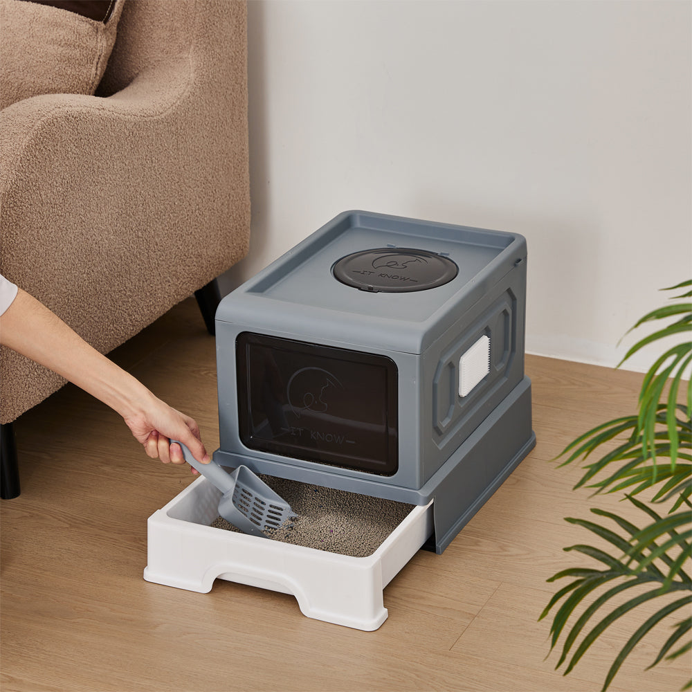 Large Enclosed Cat Litter Box with Drawer, Scoop & Grooming Board – Anti-Splashing, Odour Control, Front Entry & Top Exit