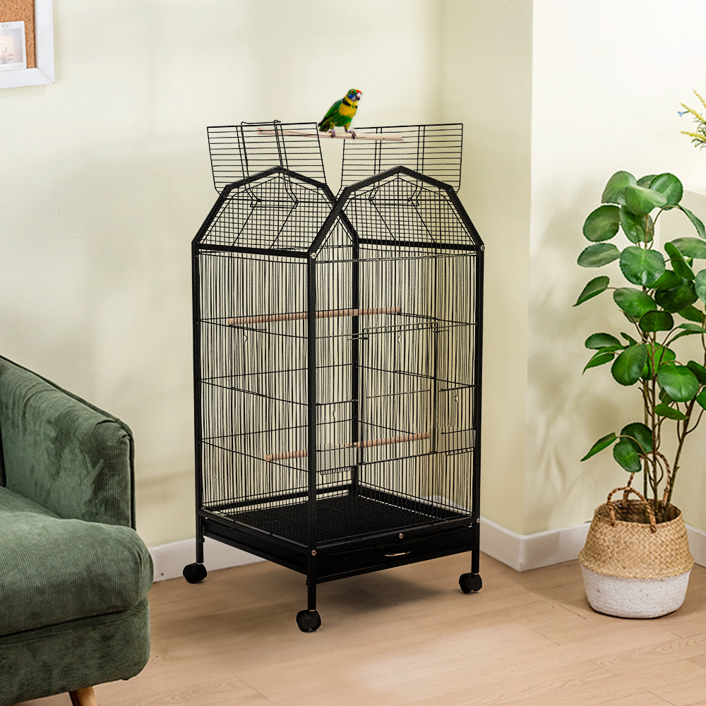 Spacious Open-Top Metal Bird Cage with Casters and Dual Feeding Doors