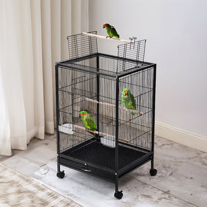 Open-Top Metal Bird Cage with Casters and Dual Feeding Doors