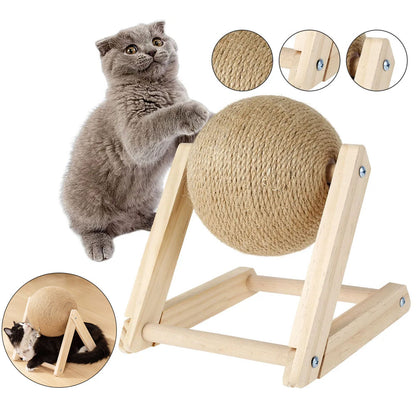Cat Scratching Ball – Natural Sisal Interactive Toy with Solid Wood Base