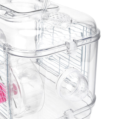 Double-Layer Transparent Hamster Cage with Hidden Handle and Tunnel