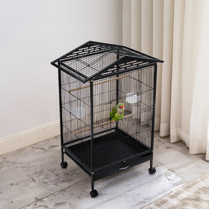 Peaked Roof Metal Bird Cage with Casters and Dual Feeding Doors
