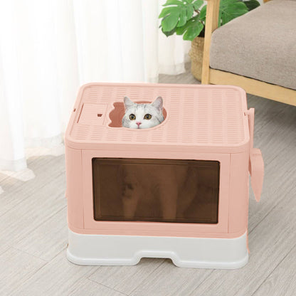 Enclosed Folding Cat Litter Box with Scoop – Smoky Pink, Drawer Design for Easy Cleaning