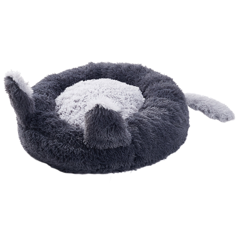 Round Plush Pet Bed with Cute Ears – Calming & Cozy Donut Design for Cats and Dogs
