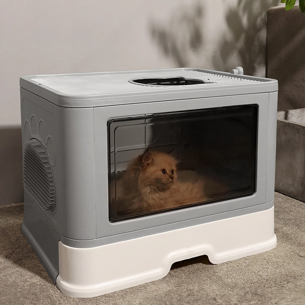 Enclosed Folding Plastic Cat Litter Box with Convenient Drawer and Scoop