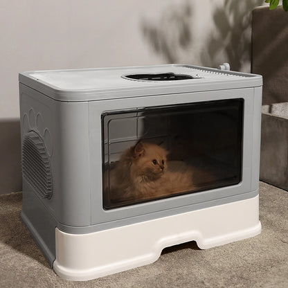 Enclosed Folding Plastic Cat Litter Box with Convenient Drawer and Scoop