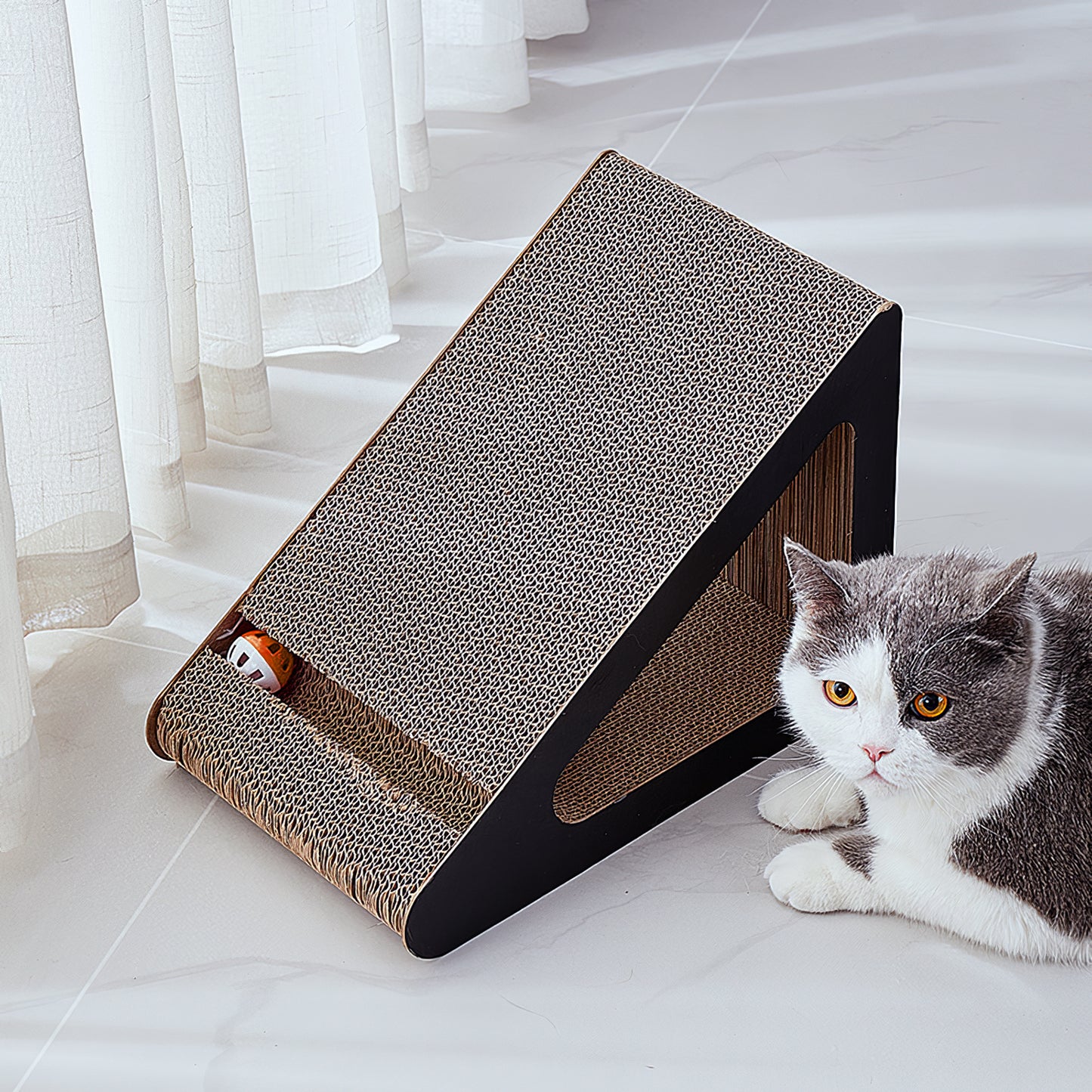 Triangle Corrugated Cardboard Cat Scratcher with Bell Ball – Corner-Friendly Design