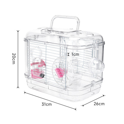 Double-Layer Transparent Hamster Cage with Hidden Handle and Tunnel