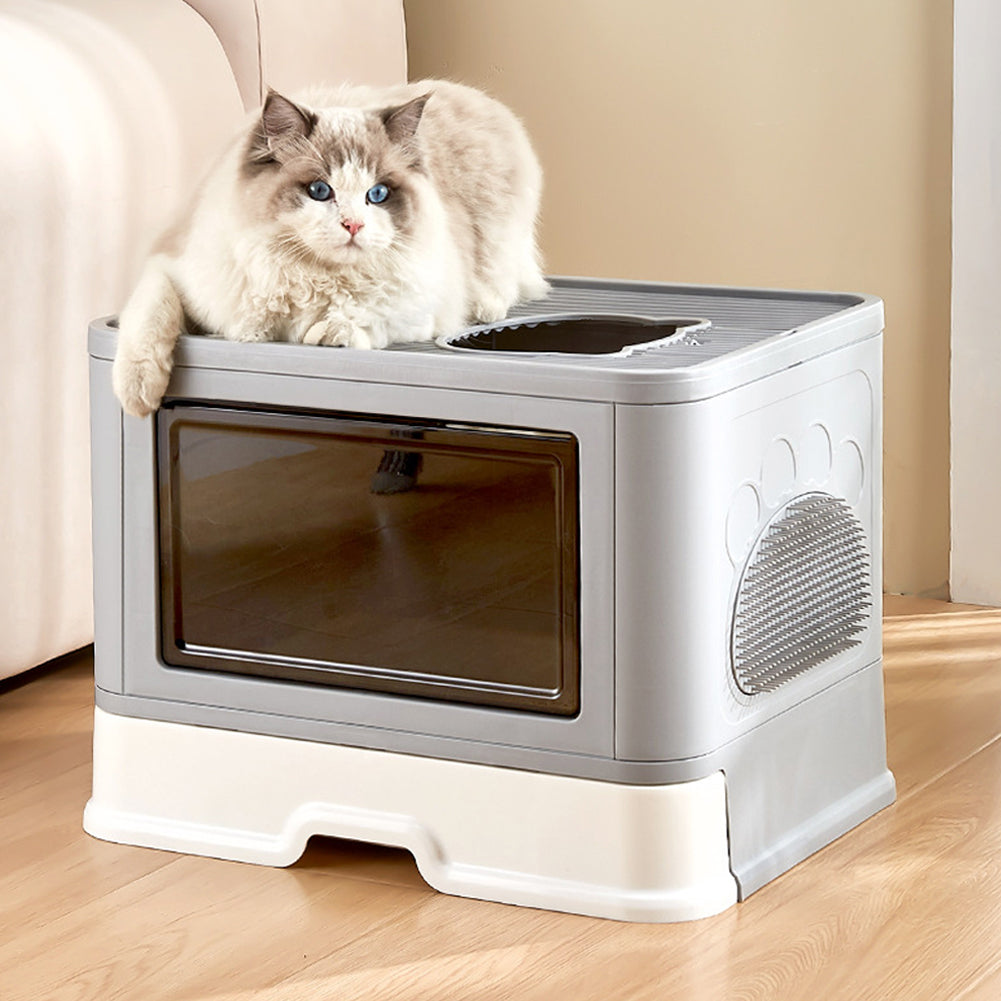 Enclosed Folding Plastic Cat Litter Box with Removable Scoop – Odor Control and Easy Cleaning