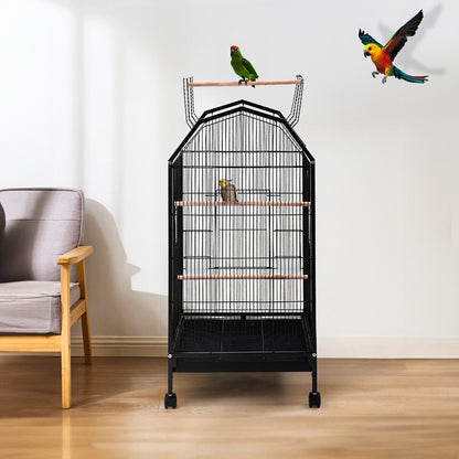 Spacious Open-Top Metal Bird Cage with Casters and Dual Feeding Doors