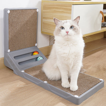 L-Shaped Corrugated Cat Scratcher with Rolling Ball Toys – Wall-Fit Design for Claw Care & Play