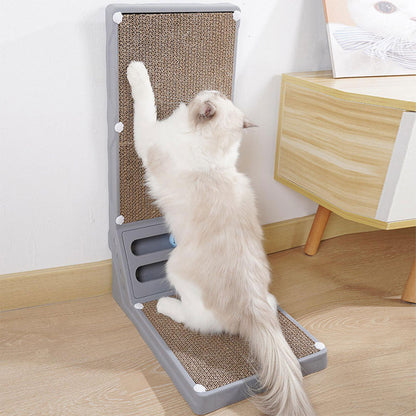 L-Shaped Corrugated Cat Scratcher with Rolling Ball Toys – Wall-Fit Design for Claw Care & Play