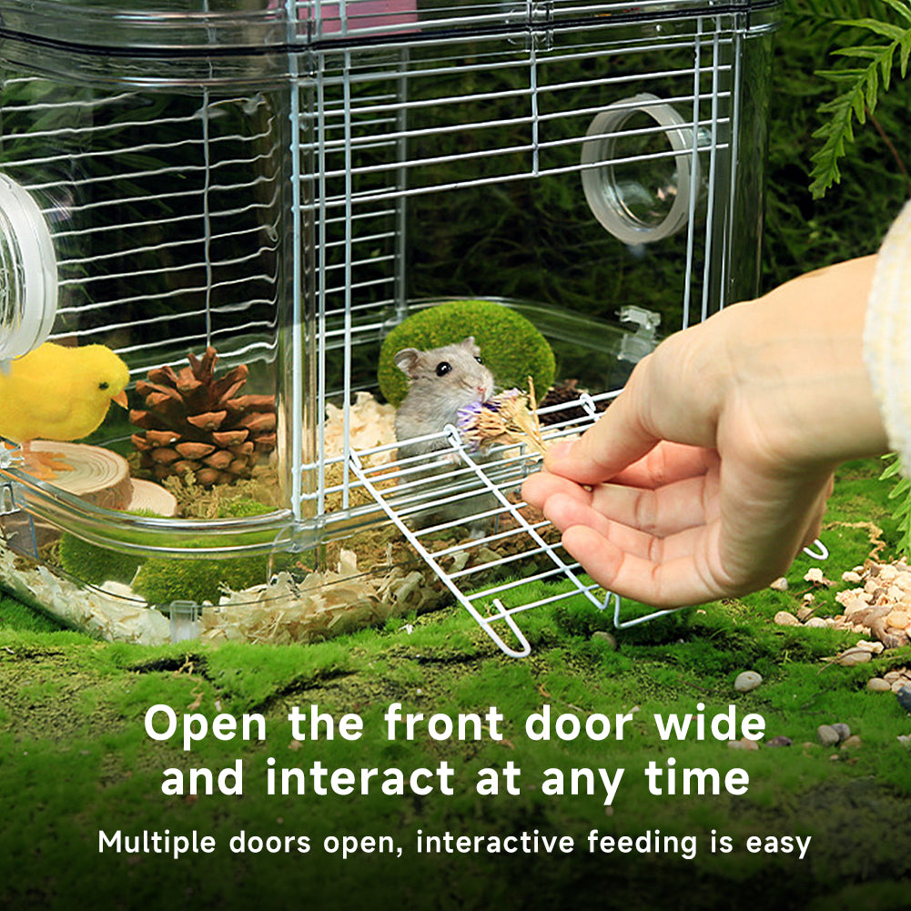 Double-Layer Transparent Hamster Cage with Hidden Handle and Tunnel