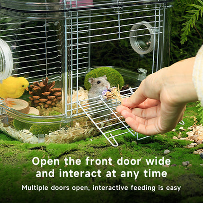 Double-Layer Transparent Hamster Cage with Hidden Handle and Tunnel