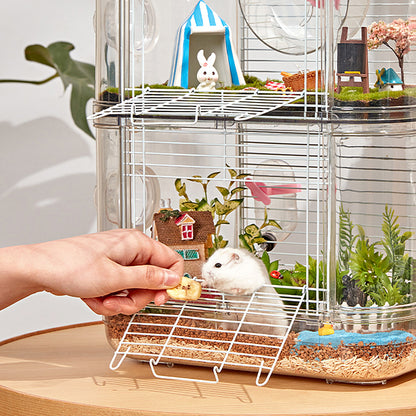 Double-Layer Transparent Hamster Cage with Hidden Handle and Tunnel