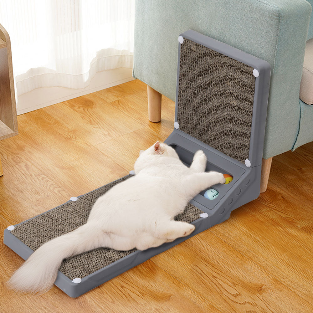 L-Shaped Corrugated Cat Scratcher with Rolling Ball Toys – Wall-Fit Design for Claw Care & Play