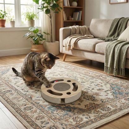 Round Corrugated Cat Scratcher with Ball Toy – Compact Play & Claw Care Pad for Kittens and Cats