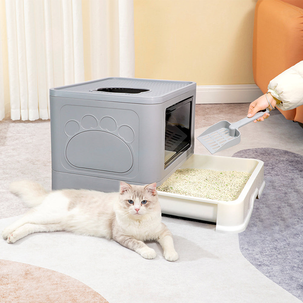 Enclosed Folding Plastic Cat Litter Box with Removable Scoop – Odor Control and Easy Cleaning
