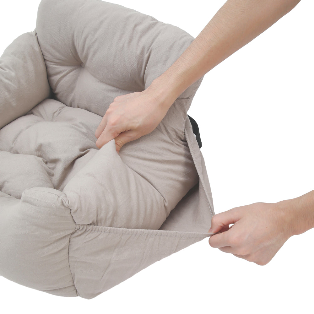 Light Grey Travel Pet Bed with Storage Pockets – Cozy Car Seat Protector with Safety Straps