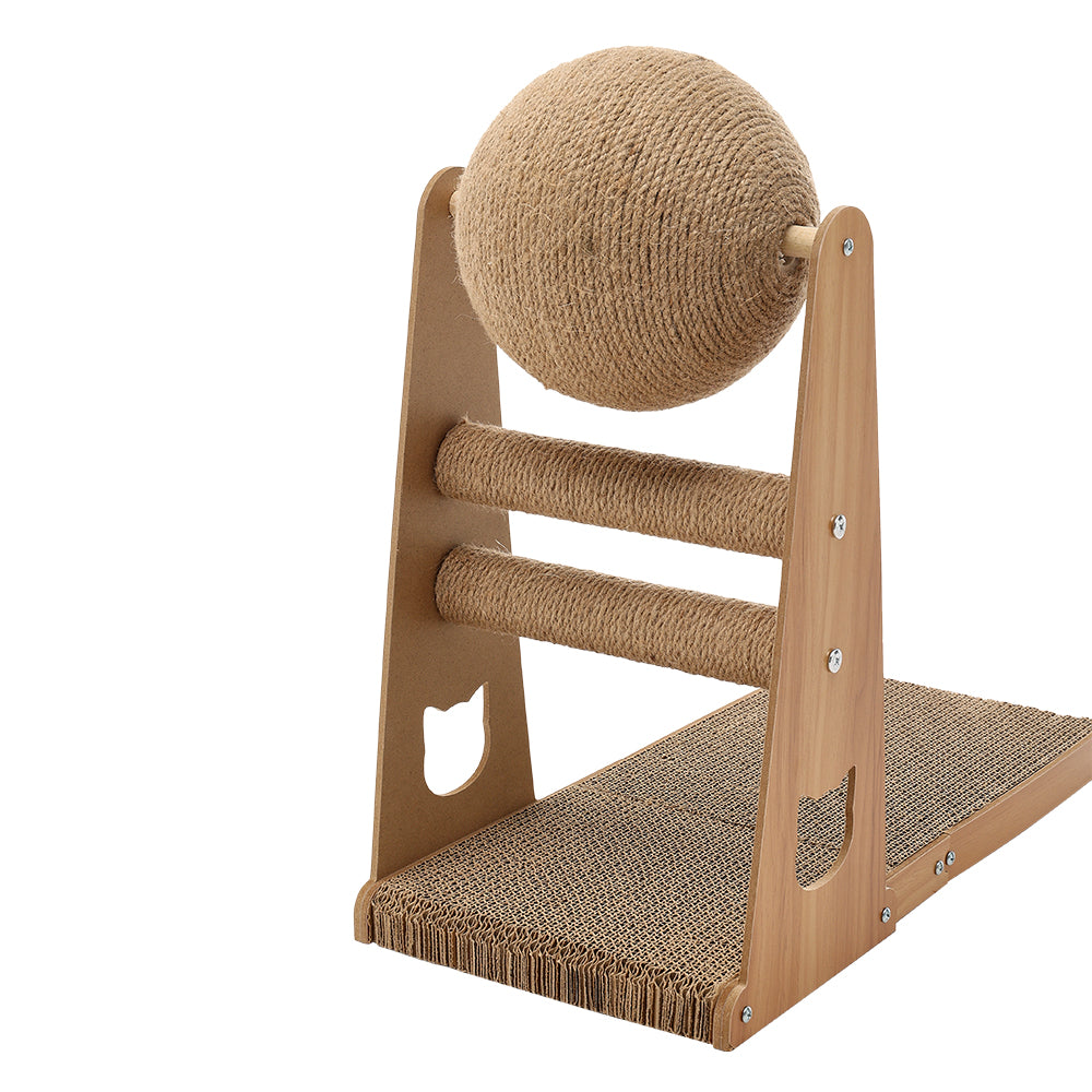 L-Shaped Cat Scratcher with Interactive Sisal Ball for Indoor Play and Climbing