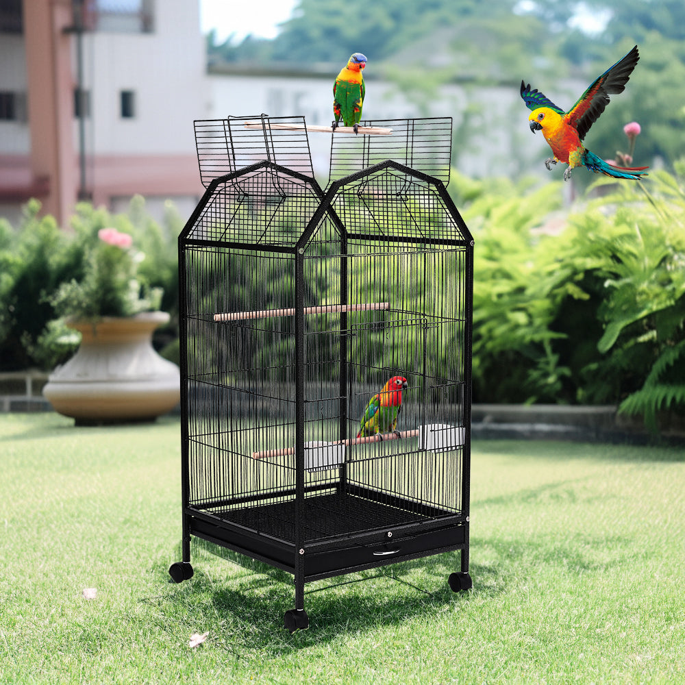 Spacious Open-Top Metal Bird Cage with Casters and Dual Feeding Doors