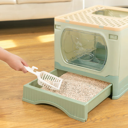 Foldable Top-Entry Cat Litter Box with Drawer and Scoop – Enclosed, Splash-Proof & Odor-Resistant Design