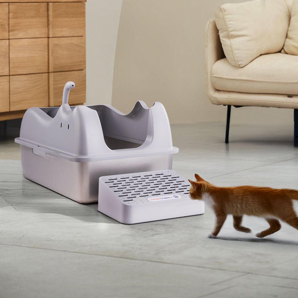 Large Stainless Steel Cat Litter Box with Removable Filter Board and Anti-Slip Base