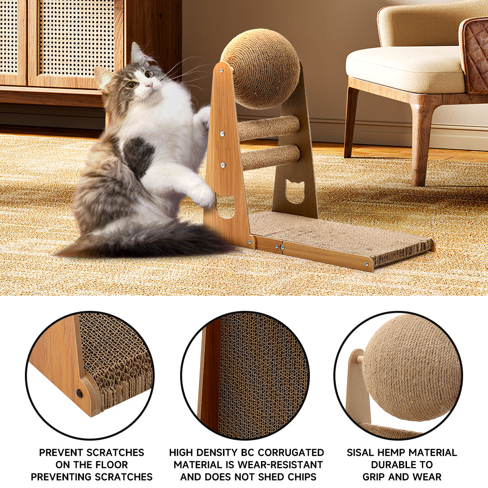 L-Shaped Cat Scratcher with Interactive Sisal Ball for Indoor Play and Climbing