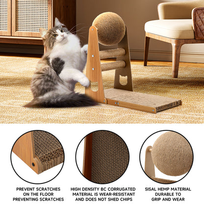L-Shaped Cat Scratcher with Interactive Sisal Ball for Indoor Play and Climbing