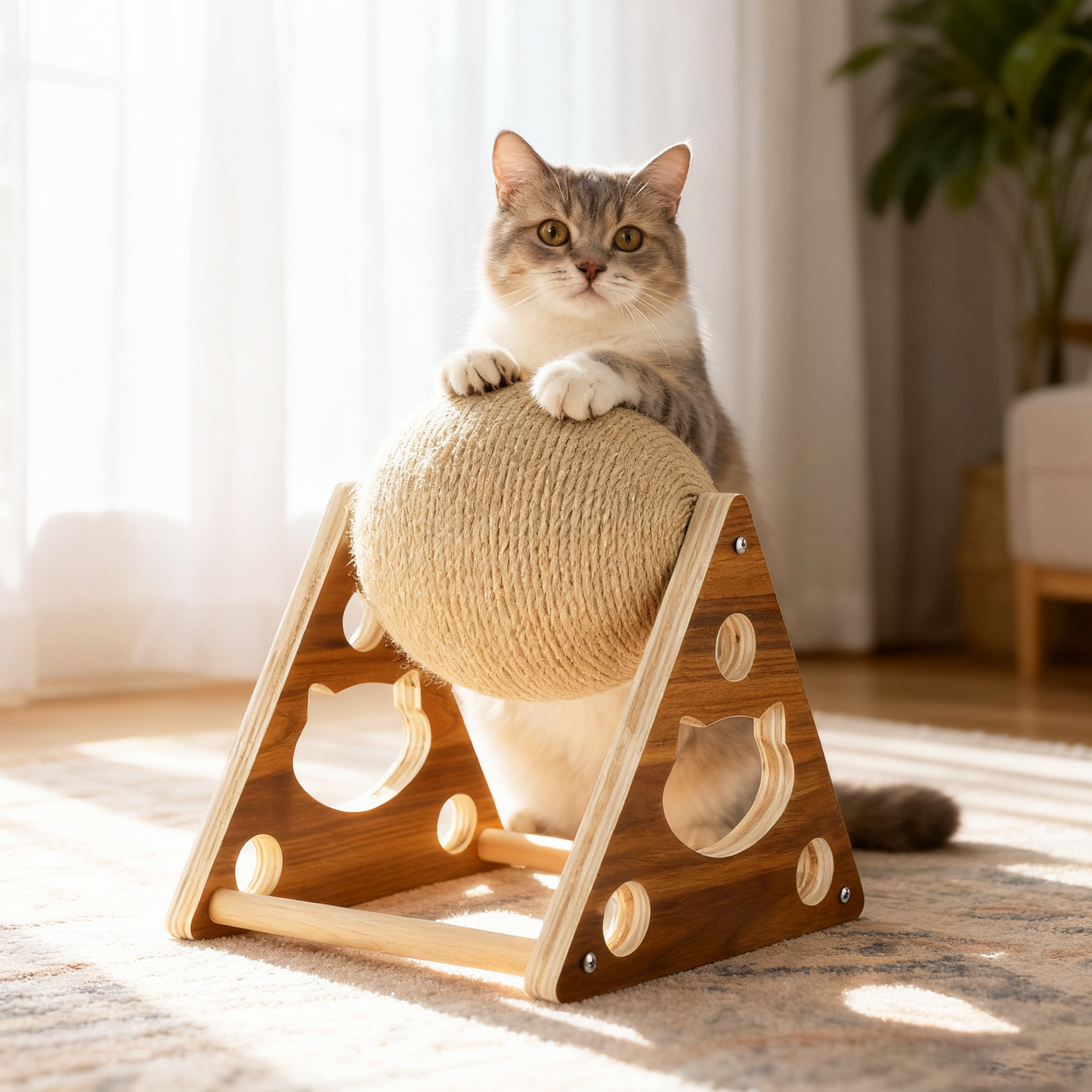 Cat Scratching Ball – Natural Sisal Interactive Pet Toy with Wooden Base