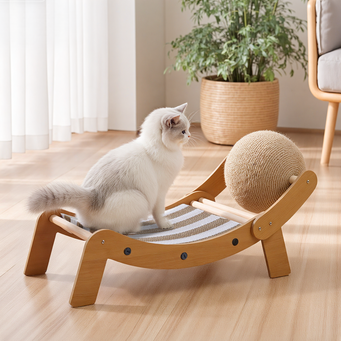 Curved Cat Scratching Board with Sisal Ball – Durable Lounge & Scratch Surface with Wooden Frame