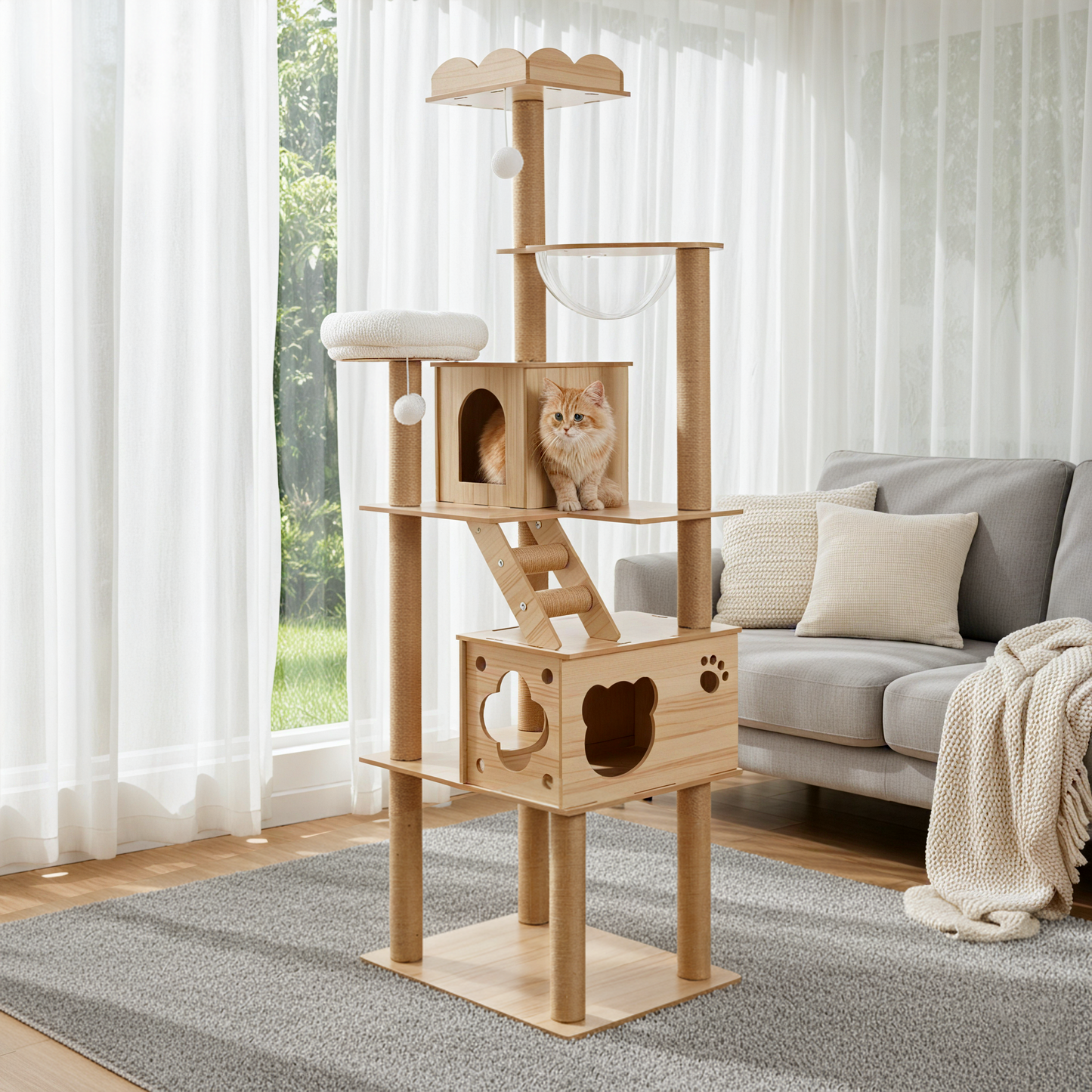 Cat Tree with Perches, Condo & Acrylic Capsule – Sturdy MDF Structure with Hemp Rope Posts – Ideal for Active Cats