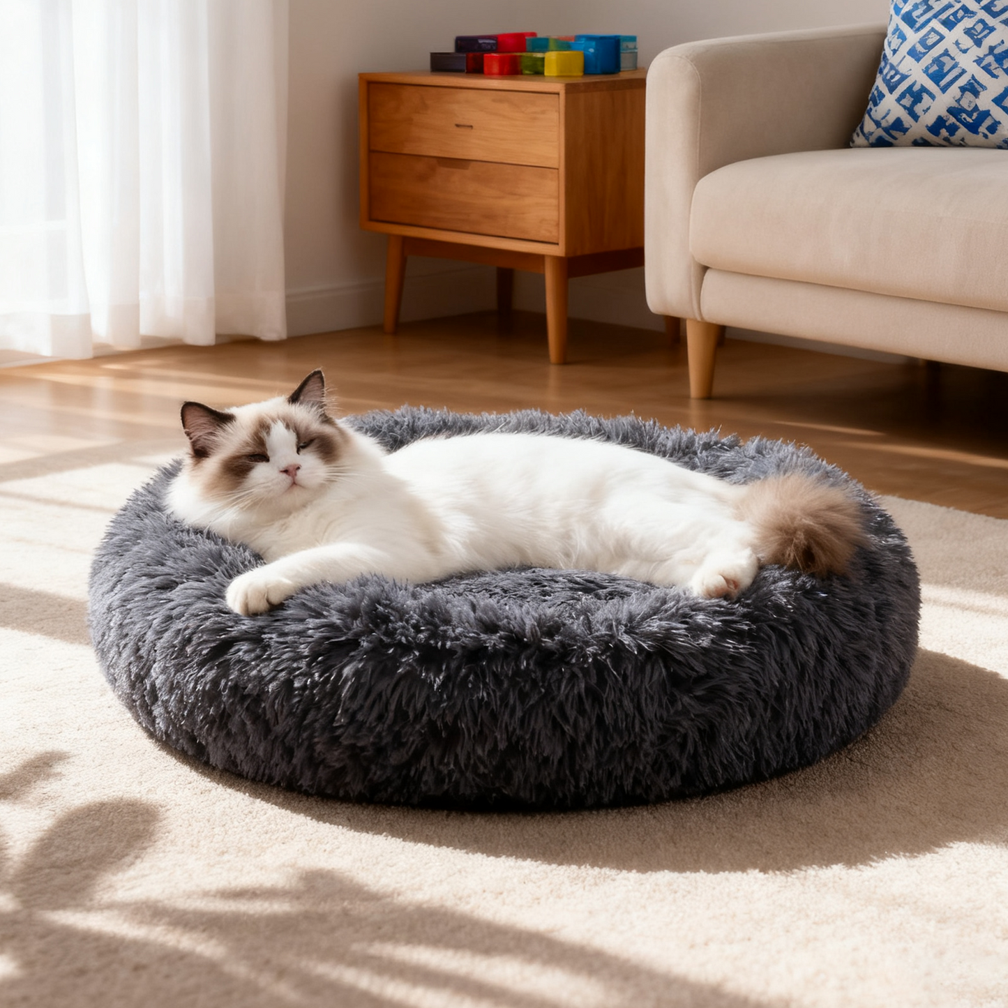 Calming Donut Plush Pet Bed – Ultra-Soft Round Nest with Raised Rim and Anti-Slip Base