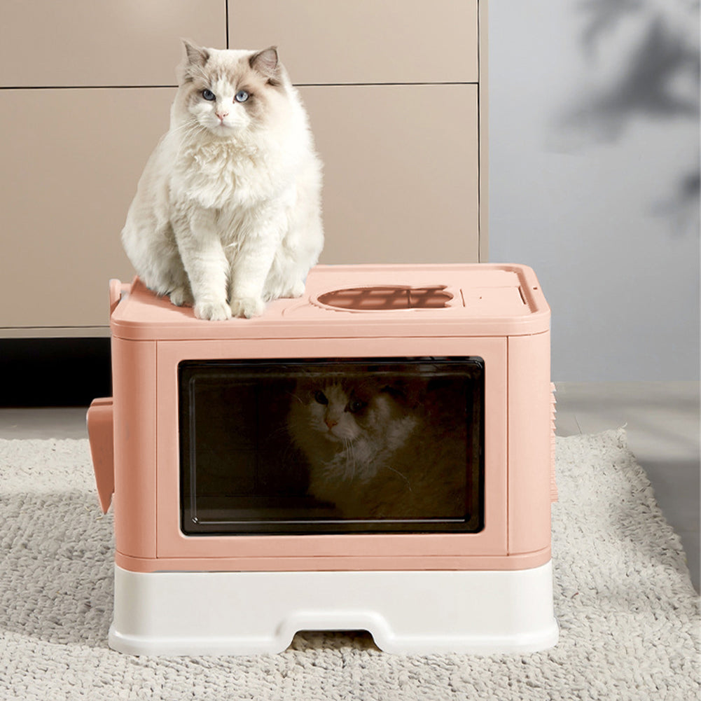 Enclosed Folding Cat Litter Box with Scoop – Smoky Pink, Drawer Design for Easy Cleaning