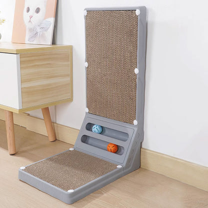 L-Shaped Corrugated Cat Scratcher with Rolling Ball Toys – Wall-Fit Design for Claw Care & Play