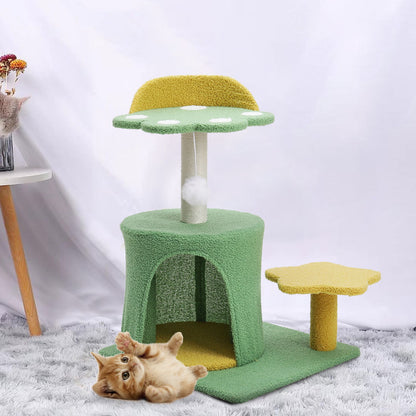 Plush Cat Tree with Sisal Scratching Post, Cozy Hideaway, and Hanging Toy – Space-Saving Activity Center