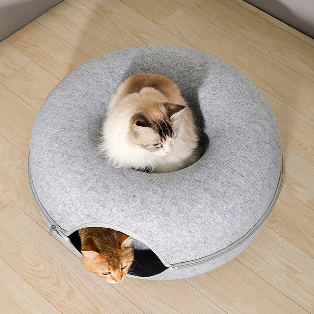 3-in-1 Round Felt Cat Tunnel Bed – Cozy Play Tunnel & Cave for Small Pets