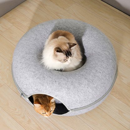 3-in-1 Round Felt Cat Tunnel Bed – Cozy Play Tunnel & Cave for Small Pets