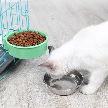 Two-in-One Stainless Steel & Plastic Cage Hanging Pet Feeder – Green, For Cats and Dogs