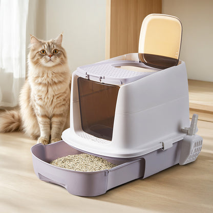 Cat standing next to a modern cat litter box on a wooden floor.