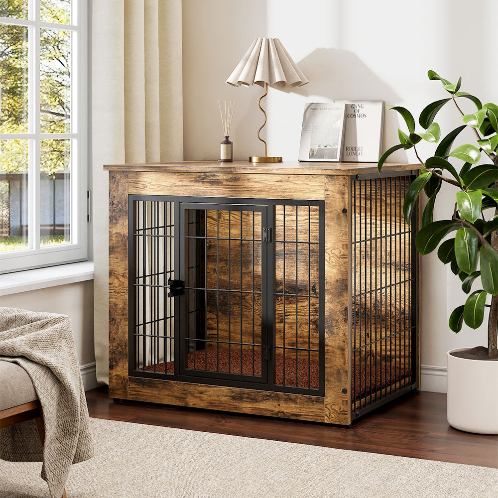 Farmhouse-Inspired Wooden Dog Crate with Double Doors – Decorative Kennel for Small to Medium Dogs