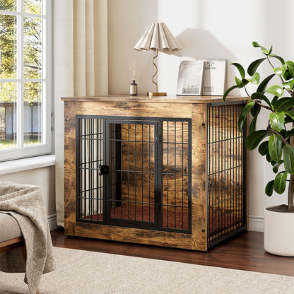 Farmhouse-Inspired Wooden Dog Crate with Double Doors – Decorative Kennel for Small to Medium Dogs