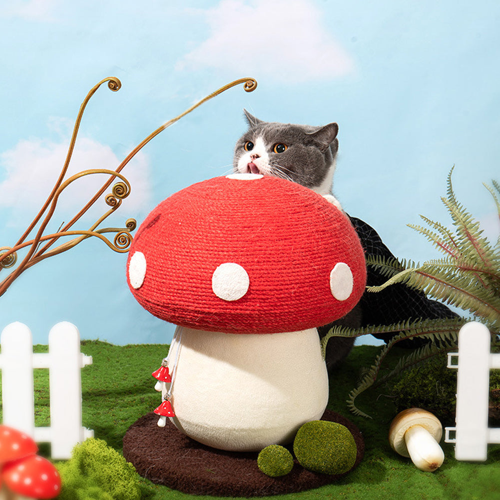 Sisal Mushroom Cat Scratching Post – Freestanding Claw Sharpener with Plush Base and Hanging Toys