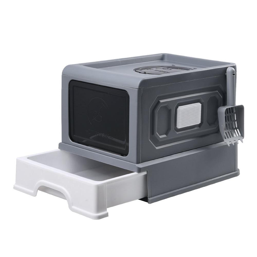 Large Enclosed Cat Litter Box with Drawer, Scoop & Grooming Board – Anti-Splashing, Odour Control, Front Entry & Top Exit