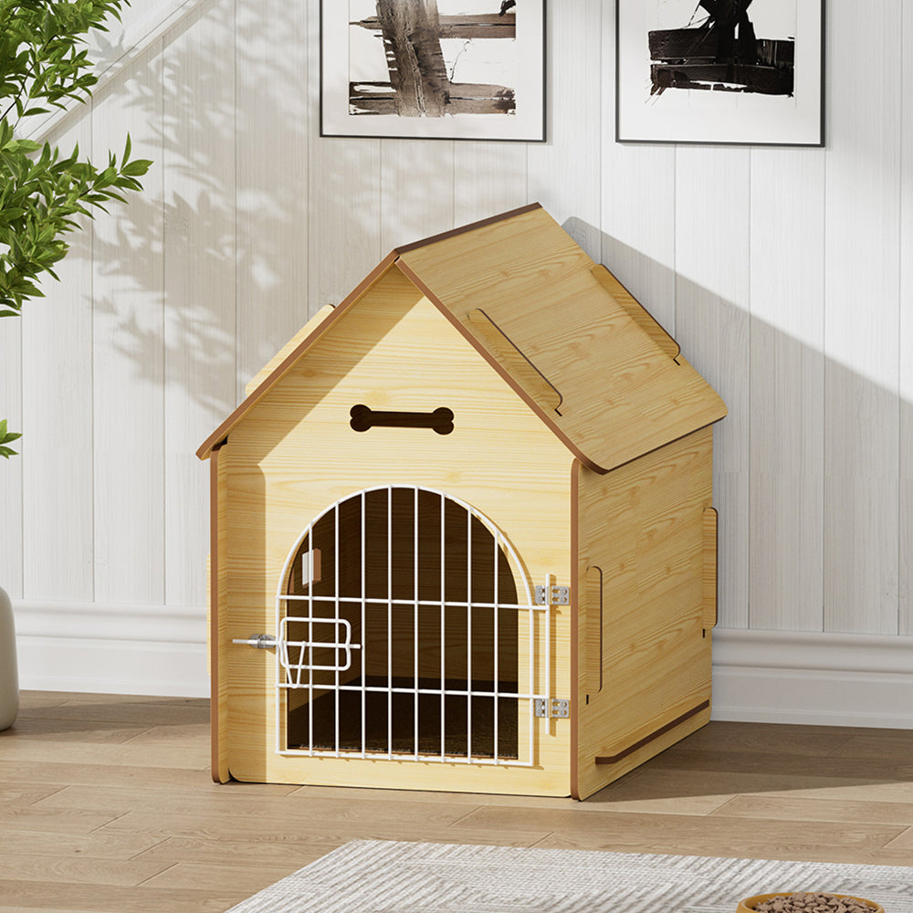 Wooden Pet House with Wire Door – Medium Size, Natural Finish