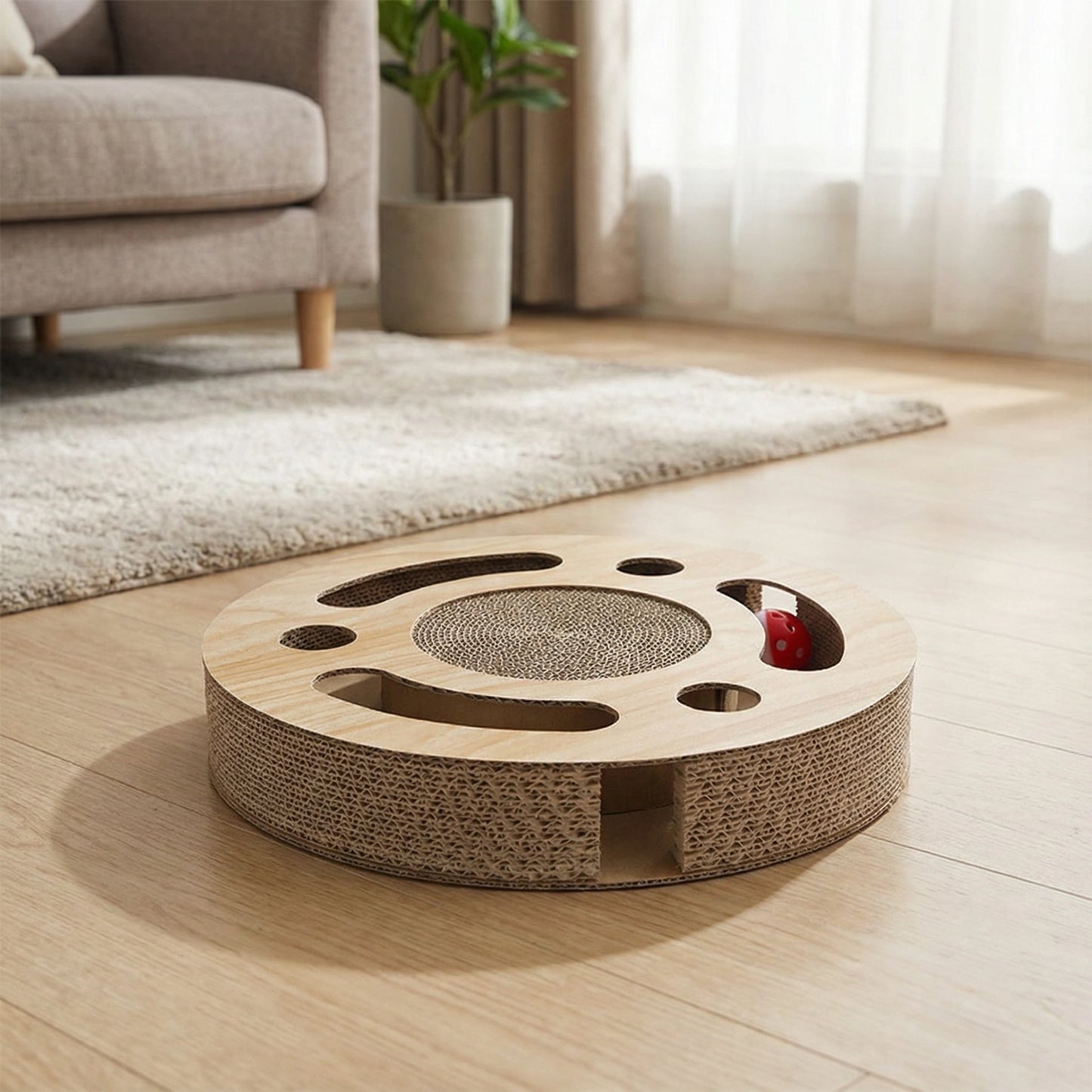 Round Corrugated Cat Scratcher with Ball Toy – Compact Play & Claw Care Pad for Kittens and Cats