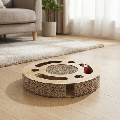 Round Corrugated Cat Scratcher with Ball Toy – Compact Play & Claw Care Pad for Kittens and Cats