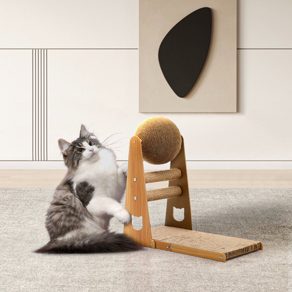 L-Shaped Cat Scratcher with Interactive Sisal Ball for Indoor Play and Climbing