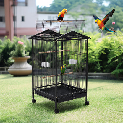 Peaked Roof Metal Bird Cage with Casters and Dual Feeding Doors